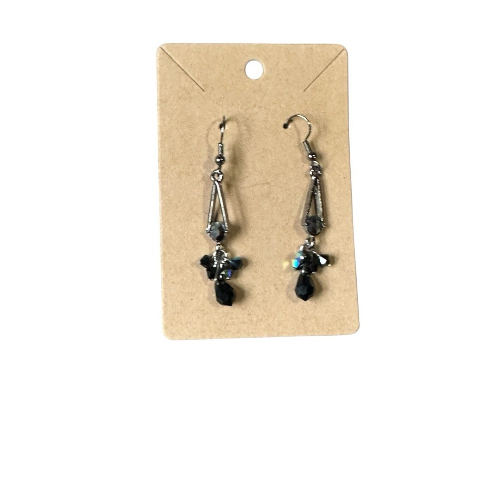 Gunmetal Iridescent Black Crystal Beaded Geometric Dangle Drop Earrings Women